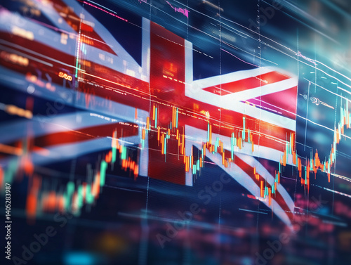 The United Kingdom flag alongside a stock market graph symbolizes economic growth and financial trends.