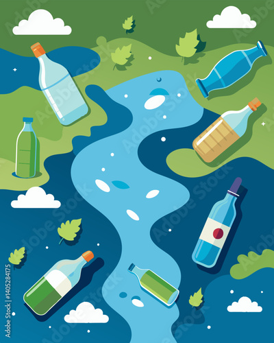 Plastic bottles and cans float in rivers and waterways choking the oncepristine water sources.. Vector illustration