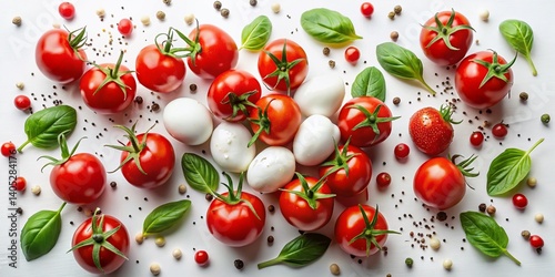 Freshly Harvested Tomatoes and Ingredients: A visually delightful arrangement of vibrant red tomatoes, tender basil leaves, and creamy white mozzarella balls creates a mouthwatering composition.