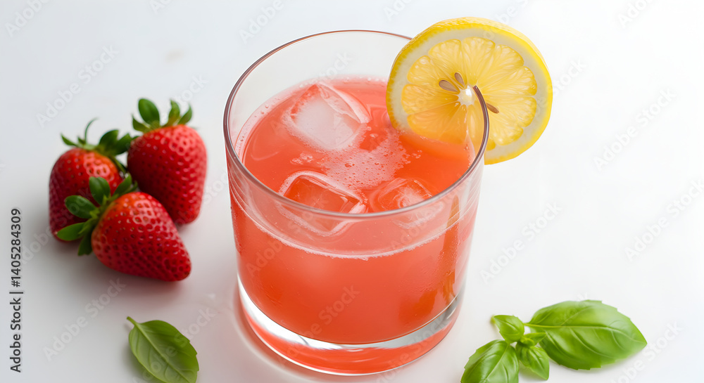 Refreshing Strawberry Lemonade With Basil Ready To Drink On White Surface Refreshing Strawberry Lemonade With Basil Ready To Drink On White Surface