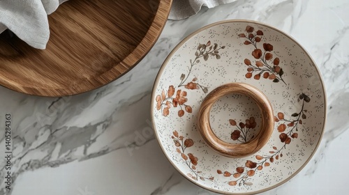 A white plate with brown floral design and a wooden ring on top.