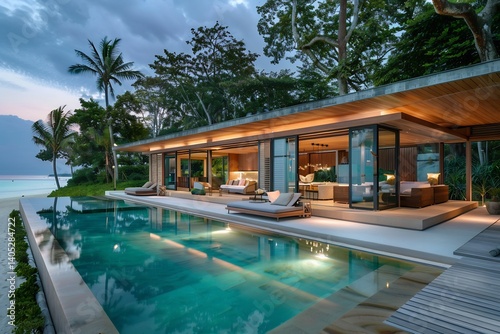 Ultra luxury tropical beach resort villa nestled in lush greenery. Modern open air architecture with wooden accents and floor to ceiling glass walls. Infinity pool reflecting turquoise ocean