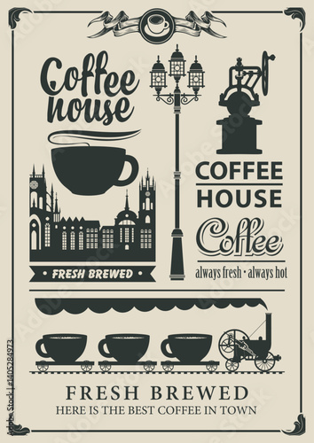 Vector banner or coffee menu with coffee machine, locomotive, cups, lantern, city buildings silhouettes, text and inscriptions. Templates for labels, badges, flyers, logo, invitations, design elements