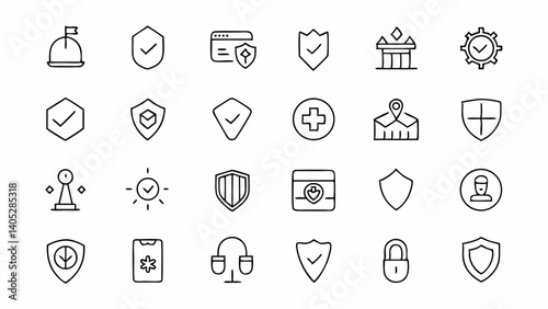 Security protection outline icons pack featuring shield lock antivirus firewall and secure system symbols ideal for apps websites and digital dashboards