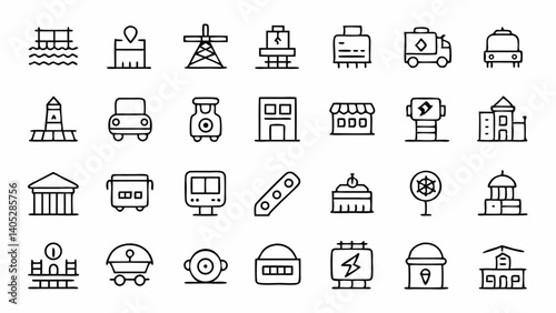 Collection of railway line icons in minimal outline style showcasing train transport rail maps logistics and travel symbols perfect for transportation systems