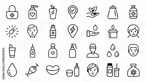 Outline icons representing skincare and beauty essentials including lotion cream spa treatments facial routines and wellness tools in clean minimal design