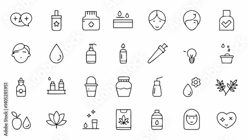 Essential outline icon set featuring modern and minimalistic skincare elements designed for beauty, dermatology, and cosmetic-related user interface designs