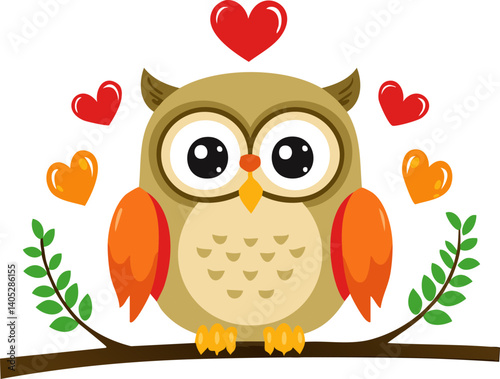 Cute owl sitting on a branch surrounded by hearts