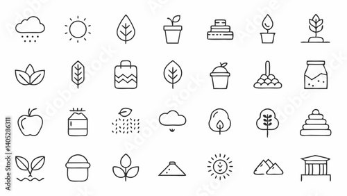 Agriculture and soil related outline icons designed for eco apps, environmental science projects, and nature-themed user interfaces