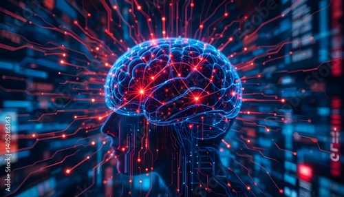 The Mind's Network: A digital brain illuminated, showcasing the intricate connections of thought, in a vibrant blue and red digital landscape.