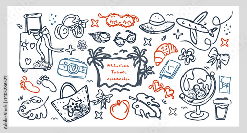 Whimsical Travel Collection hand drawn vector set line art chalk and charcoal with cute travel elements, summer vacation doodles and holiday items. Perfect for stickers, maps, planning, prints