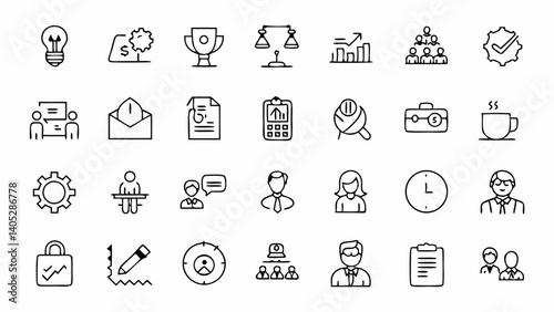 Clean and modern outline icon set showcasing the lifestyle of workaholics designed for productivity infographics time management articles or creative project illustrations