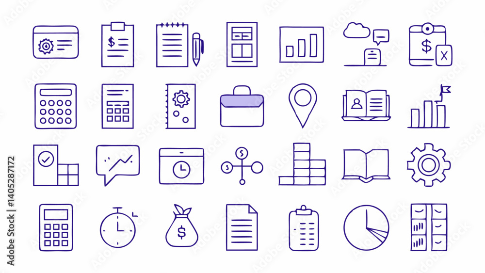 Outline icons set featuring various elements of bookkeeping for business and finance illustrations with clean minimal line style for easy customization and use Outline icons set featuring various elements of bookkeeping for business and finance illustrations with clean minimal line style for easy customization and use