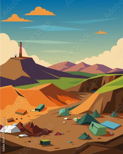 The landfill was a stark contrast to the nearby landscape a desolate wasteland in the midst of a once beautiful natural area.. Vector illustration