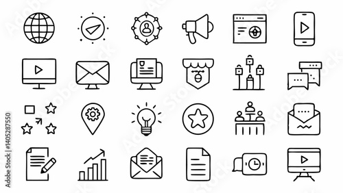 Modern marketing icons in outline style illustrating ad campaigns email marketing branding and social media strategies for web UI design and business use