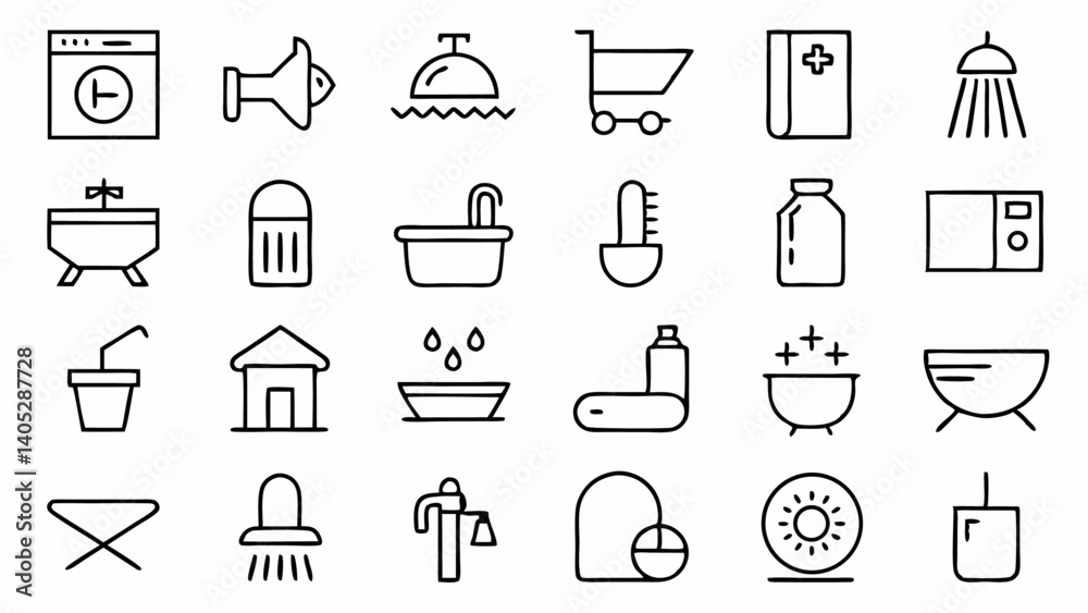 Bathroom design and decoration icons in a clean line style illustrating modern fixtures utilities accessories and renovation tools for architecture visuals Bathroom design and decoration icons in a clean line style illustrating modern fixtures utilities accessories and renovation tools for architecture visuals