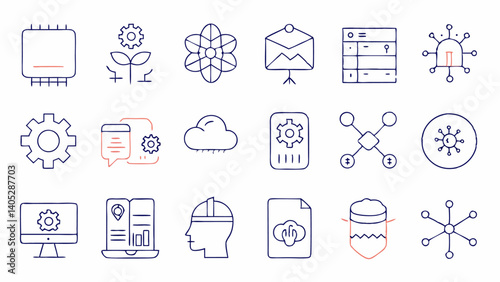 Set of outline icons representing the world of artificial intelligence including smart systems robotics automation and neural networks for modern designs