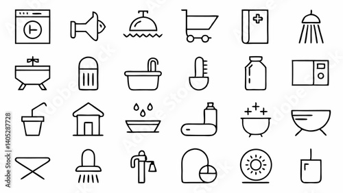 Bathroom design and decoration icons in a clean line style illustrating modern fixtures utilities accessories and renovation tools for architecture visuals