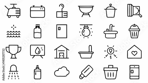 Bathroom related outline icons pack featuring sanitary ware tiles design elements plumbing and interior accessories for creative design and home projects