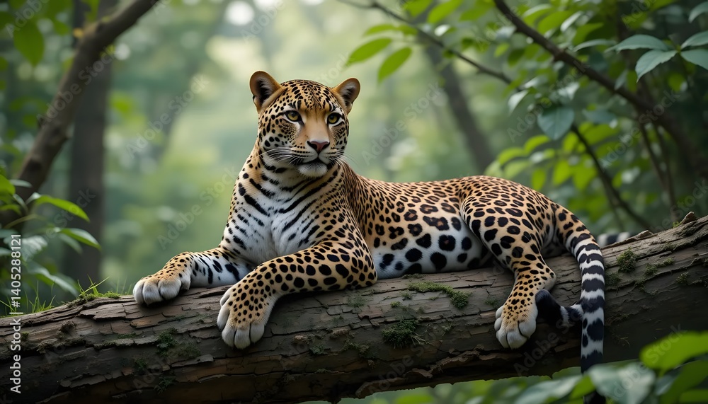 Obraz premium Majestic leopard gracefully resting on a moss-covered branch, surveying its lush green jungle kingdom with calm regalness in soft dappled sunlight.