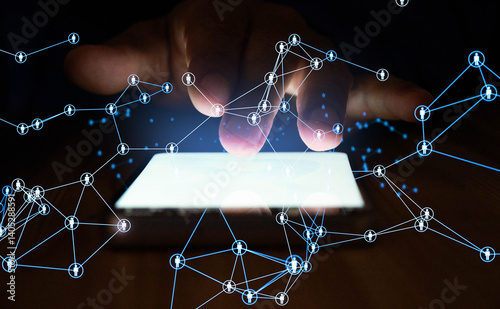mano, applicazione, telefono, persone, network. comunicazione, utenti, gruppo