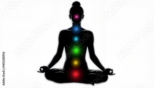 Silhouette meditating in lotus position with chakras, inner balance