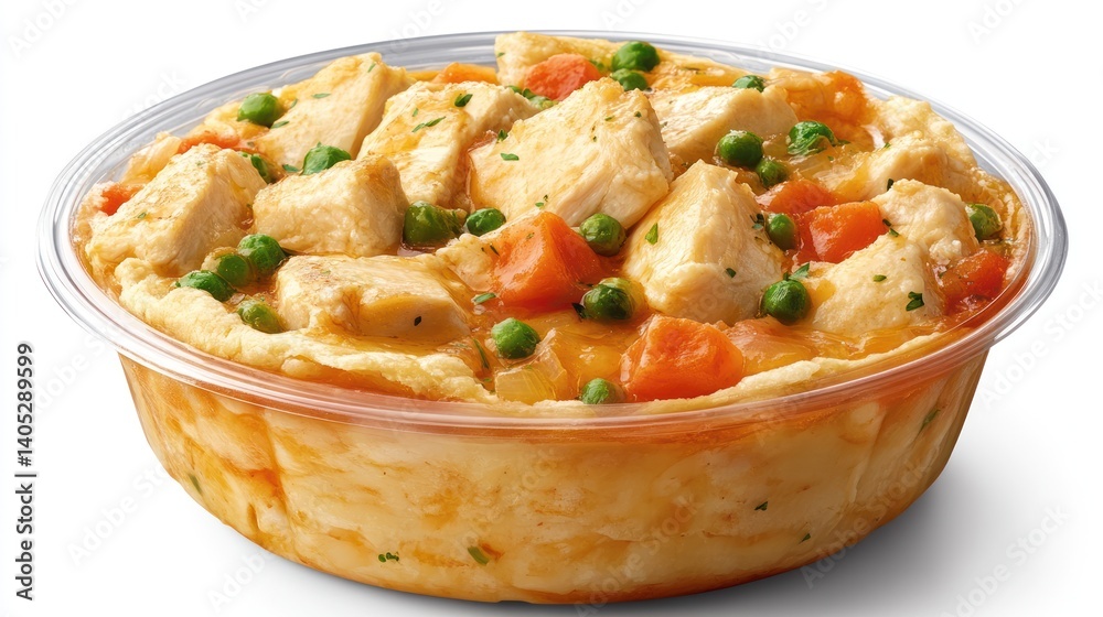 Delectable chicken pot pie featuring tender chicken cubes, peas, and carrots Delectable chicken pot pie featuring tender chicken cubes, peas, and carrots