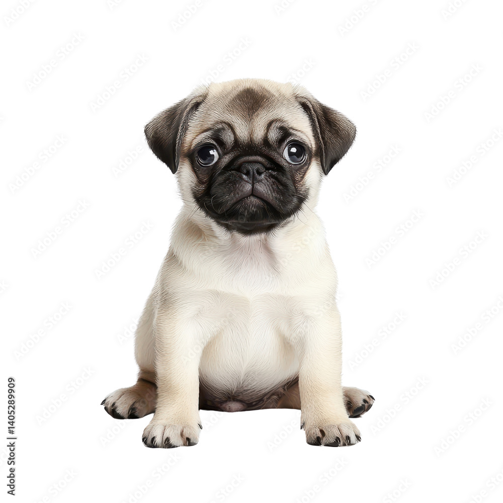 Adorable pug puppy with big expressive eyes sitting and looking curiously at the camera on a white background Adorable pug puppy with big expressive eyes sitting and looking curiously at the camera on a white background