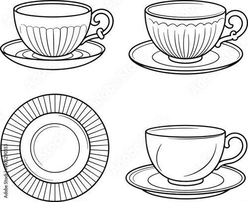 Coloring page. Tea couple. Cup and saucer. Black line. Hand drawing design