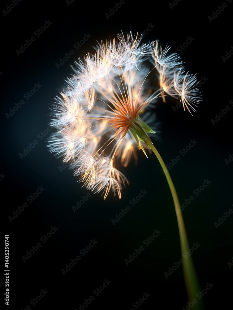 Fototapeta premium Dandelion puff glowing softly in the dark