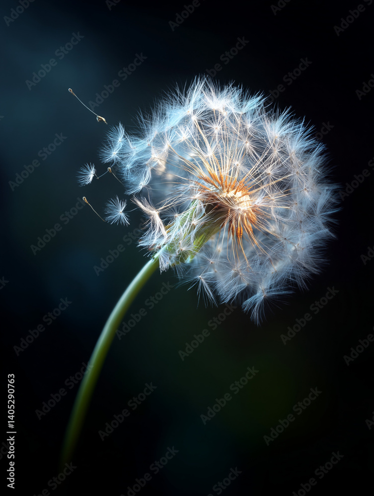 Fototapeta premium Delicate dandelion puff with seeds drifting away