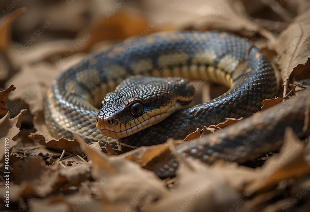 Coiled Black Snake in Autumn Leaves: A Serene Wildlife Close-Up Coiled Black Snake in Autumn Leaves: A Serene Wildlife Close-Up