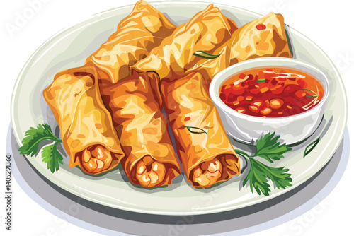 Pile of deep fried Spring Rolls with chili sauce in white ceramic dish on white background with clipping path.