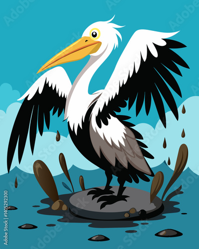 An oil slicked pelican struggles to fly its feathers caked in black sludge from an offshore spill.. Vector illustration
