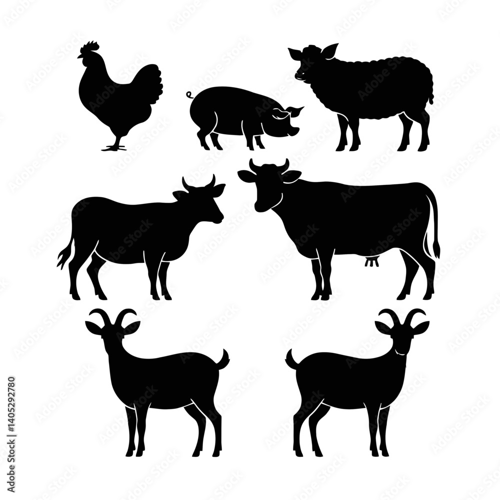 Silhouettes of various farm animals, including a rooster, pig, sheep, cows, and goats, are depicted.