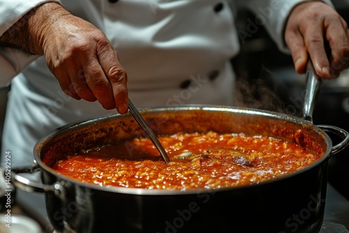 Chef's hand stirring Chilean conger eel stew in large pot with wooden spoon. Concept of culinary art showcasing Chilean conger eel stew, vibrant Caldillo de Congrio preparation.
