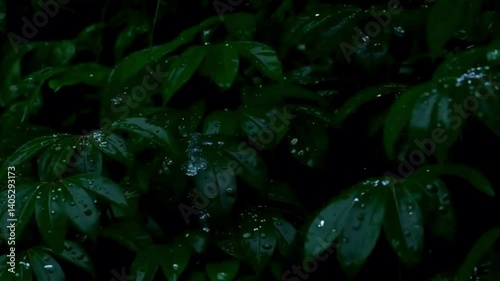Rain drops on lush green leaves.
