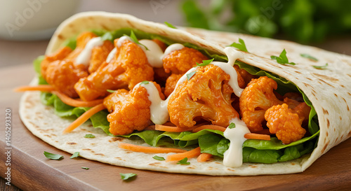 Spicy buffalo cauliflower wrap with ranch dressing healthy vegan dish