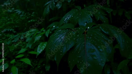 Rainsoaked leaves with lush forest.