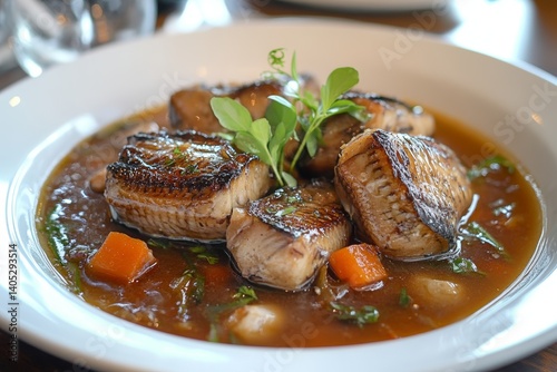 Chilean conger eel stew on white plate with rich sauce, carrots. Concept of Chilean conger eel stew showcasing vibrant culinary artistry. Caldillo de Congrio included.