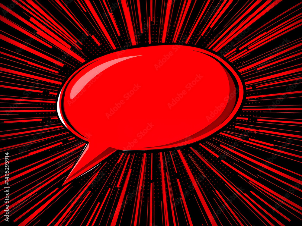 Bold red speech bubble with black comic burst background, pop art style design. Generative AI