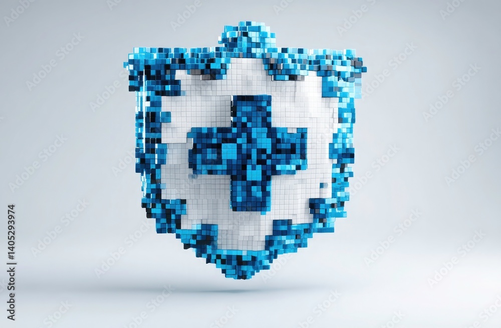 Obraz premium 3D Pixelated Shield Icon with a Plus Sign