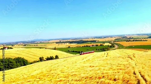 Red train through golden fields.