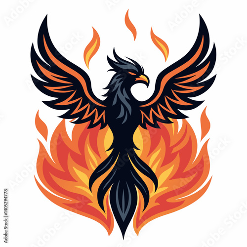 Design a vector illustration of a dark phoenix rising, featuring a bold, dark stroke.