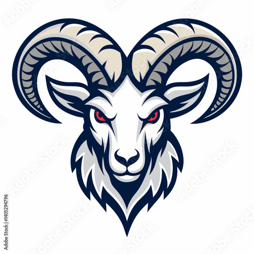 Create a vector illustration of a bold, stylized demon ram head, suitable for esports logos.  Include bold strokes and strong contrast.