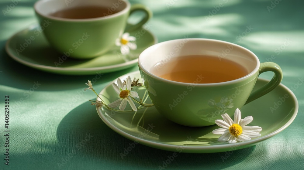 Two green cups of tea with white flowers on a green saucer. Two green cups of tea with white flowers on a green saucer.
