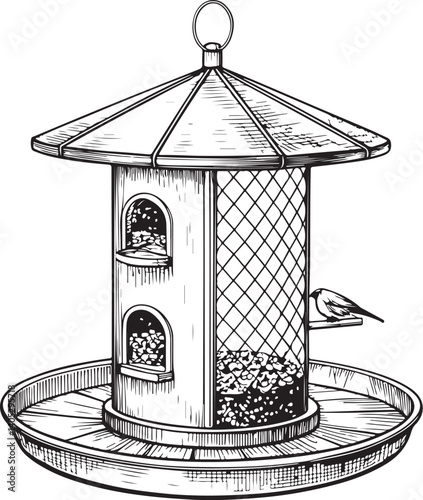 Bird Feeder Black and White Vector Illustration, Sketch Drawing Line Linear Symbol Icon Engraving, Hand-drawn Isolated
