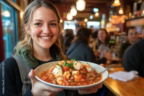 Young woman with long blonde hair, smiling, holding plate of Chilean conger eel stew. Concept of joyous dining experience featuring Chilean conger eel stew, Caldillo de Congrio.
