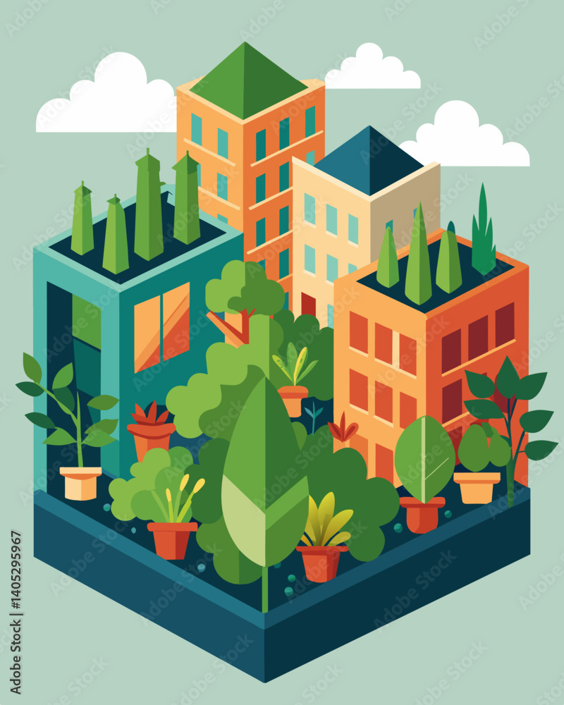 A plantfilled guerilla garden wedged between two buildings beautifying the urban landscape and providing fresh herbs for the community.. Vector illustration