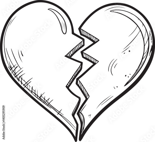 Broken Heart Black and White Vector Illustration, Sketch Drawing Line Linear Symbol Icon Engraving, Hand-drawn Isolated